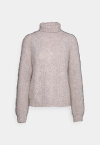 Sweter z wysokim kołnierzem, wykonany z miękkiego, jasno różowego materiału w splot wełniany. Posiada długie rękawy oraz ściągacze, a jego faktura jest miękka i puszysta.