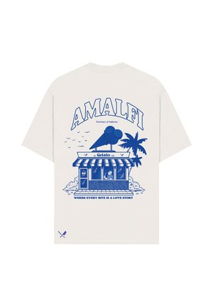 T-shirt blanche avec un motif bleu représentant une boutique de gelato, un palmier, des oiseaux, et le texte « AMALFI », « Province de Salerne » et « Où chaque bouchée est une histoire d'amour. »