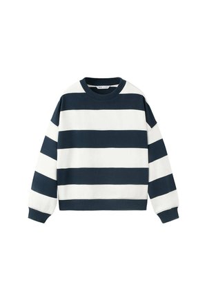 Sweat-shirt avec larges rayures horizontales bleu marine et blanches, manches longues, poignets et col en côte.