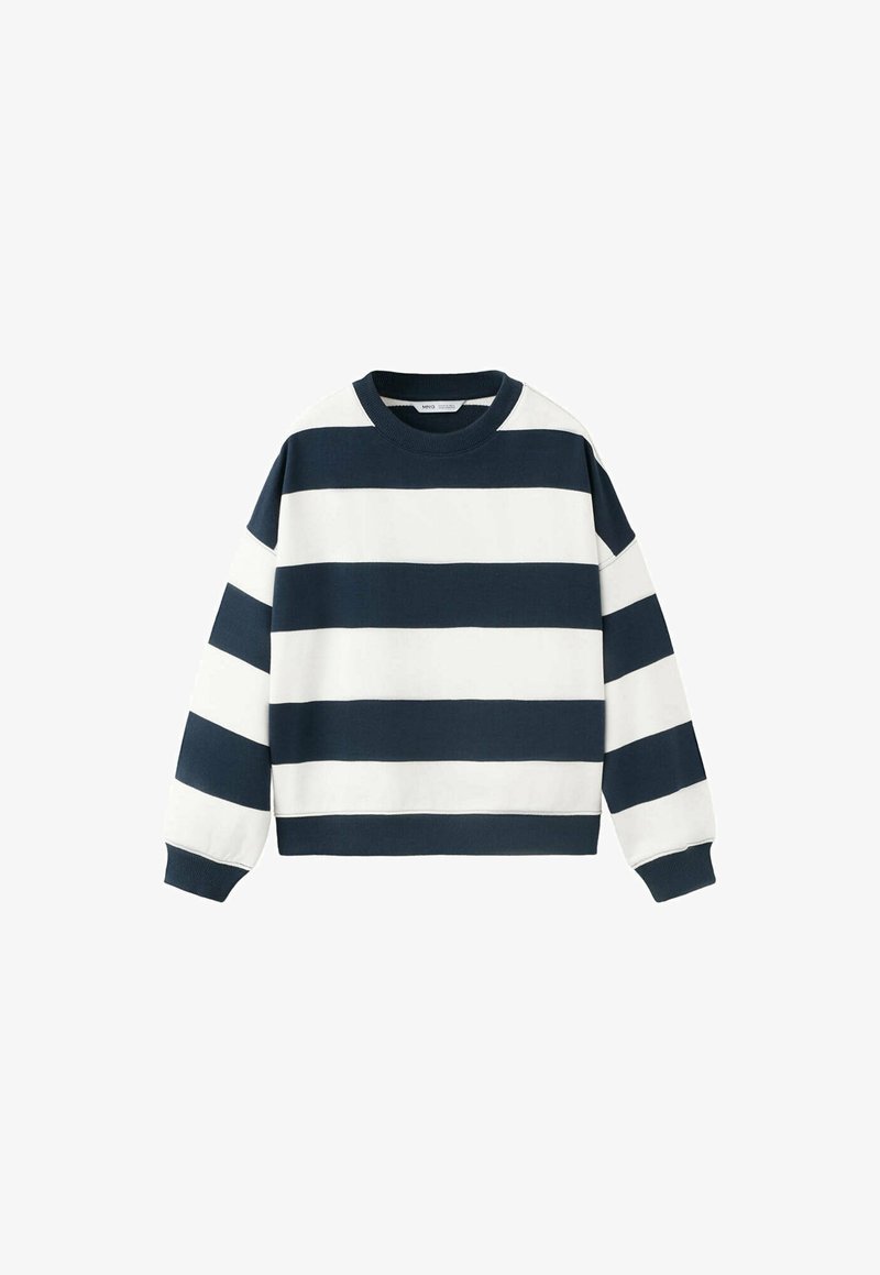 Sweat-shirt avec larges rayures horizontales bleu marine et blanches, manches longues, poignets et col en côte.