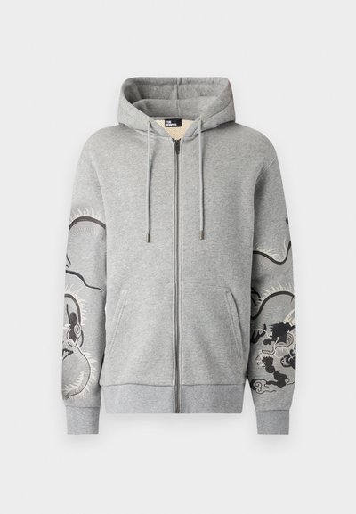 Gray zip-up hoodie made of cotton blend with a hood, featuring intricate dragon design on the right sleeve and two front pockets.