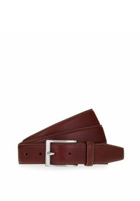 Cintura in pelle marrone con una fibbia quadrata in argento, caratterizzata da cuciture bianche a contrasto e una texture liscia. Design classico, estremità appuntita.