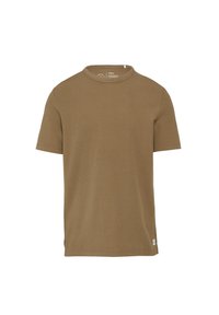 Brązowa koszulka z krótkim rękawem, okrągły dekolt, wykonana z miękkiego materiału, charakteryzuje się gładką teksturą oraz małą metką z logo na dolnym szwie.