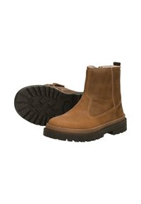 Bruine leren enkelboots met een gestructureerde rubberen zool, voorzien van elastische zijpanelen en een zachte voering, ontworpen voor gemakkelijk aan- en uittrekken.