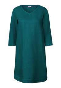 Teelee vaate, jossa on V-pääntie, kolmenneljäsosakäsivarret ja nappihihnat. Sujuva pinta, polvenmittainen ja rento malli.