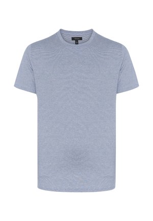 Helles blaues T-Shirt mit kurzen Ärmeln aus weichem Stoff, ausgestattet mit einem klassischen Rundhalsausschnitt, glatter Textur und ohne sichtbare Muster oder Akzente.