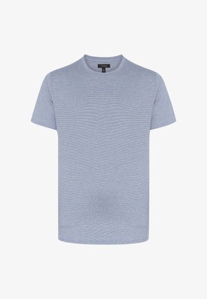 Hele sinine lühikeste varrukatega t-särk, mis on valmistatud pehmest kangast, klassikalise ümarate kaelustega, sujuva tekstuuri ja ilma nähtavate mustrite või aktsentideta.