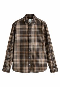 Brown and beige plaid shirt with a collar, long sleeves, and button closure. Features alternating thick and thin stripes in a textured fabric.