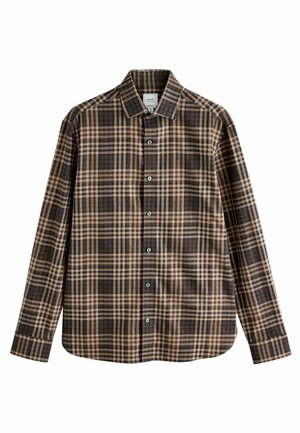 Brown and beige plaid shirt with a collar, long sleeves, and button closure. Features alternating thick and thin stripes in a textured fabric.