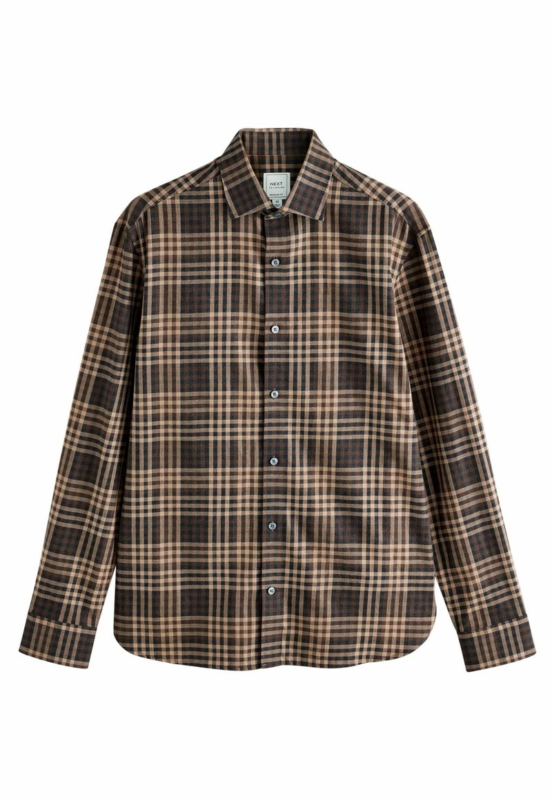 Brown and beige plaid shirt with a collar, long sleeves, and button closure. Features alternating thick and thin stripes in a textured fabric.