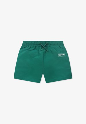 Groene zwemshorts met een elastische tailleband, een trekkoord en een klein wit "Kenzo Paris" logo aan de voorkant. Vriendelijke textuur, korter dan de knie.