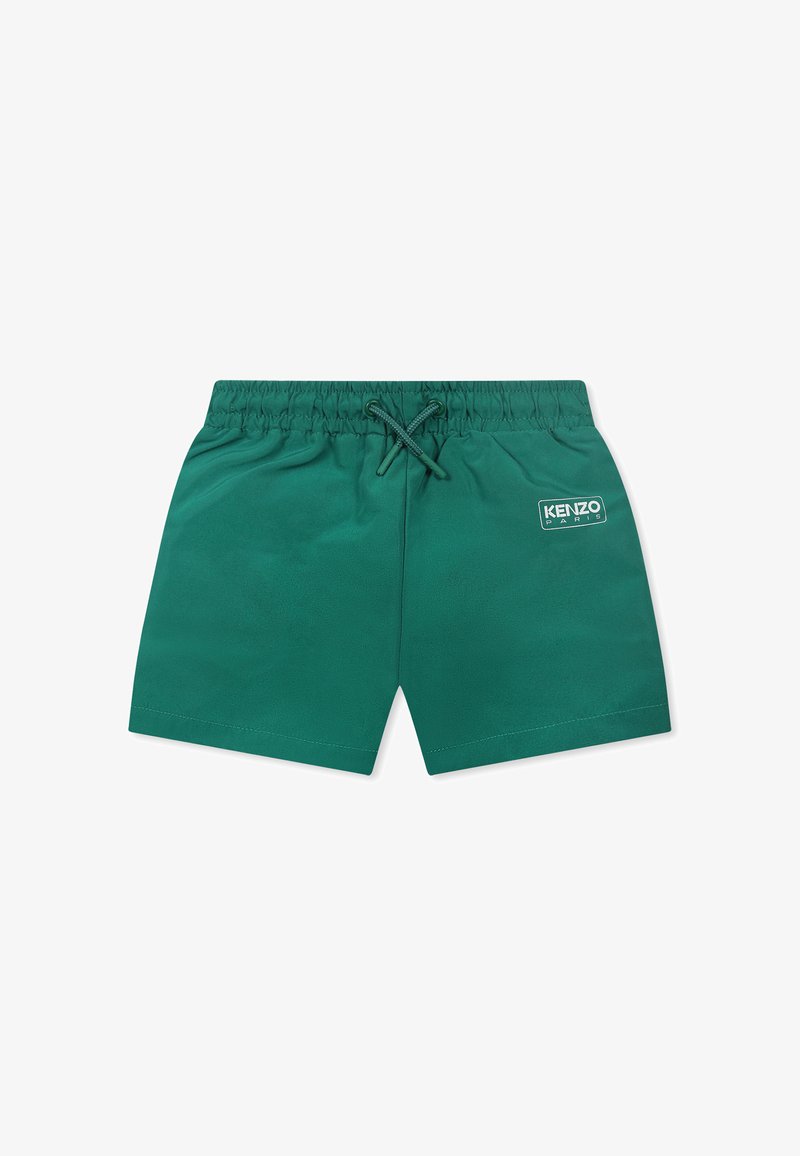 Shorts de bain verts avec une taille élastique, cordon de serrage et un petit logo blanc "Kenzo Paris" à l'avant. Texture lisse, longueur au-dessus du genou.