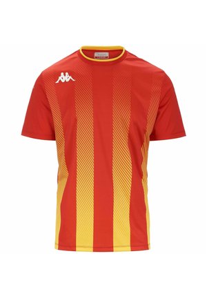 Maglia sportiva Kappa rossa e gialla con strisce verticali, colletto a giro. Design a gradiente testurizzato. Logo sul petto sinistro.