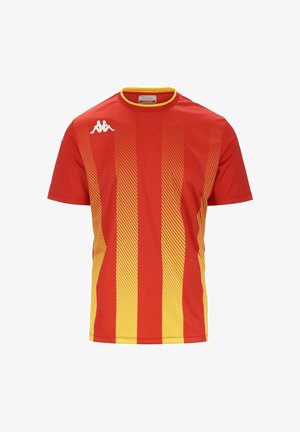 Maglia sportiva Kappa rossa e gialla con strisce verticali, colletto a giro. Design a gradiente testurizzato. Logo sul petto sinistro.