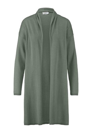 Langer, offener Cardigan aus weichem Strickstoff in einem sanften Grün. Verfügt über lange Ärmel und eine lockere Passform ohne Verschlüsse.