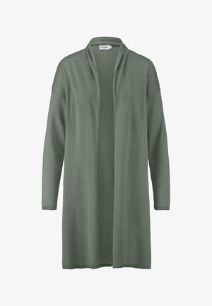 Lange, open voorkardigan van zacht, gebreid materiaal in een gedempt groen. Beschikt over lange mouwen en een ontspannen pasvorm zonder sluitingen.