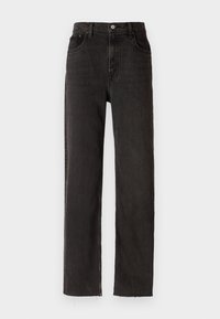 Mustad denim püksid, sirge lõikega, kõrge vöökohaga, viie taskuga ja tooriku servadega.