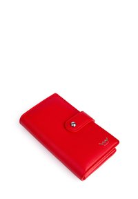 Red leather wallet with a snap closure, featuring a silver logo accent, smooth texture, and rectangular design.
