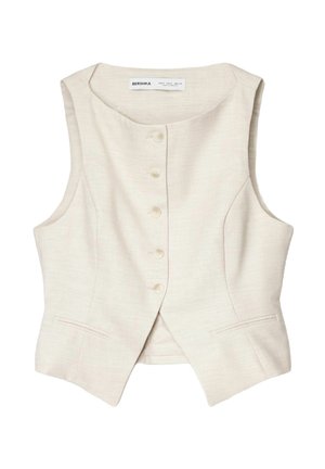 Mouwloos beige damesvestje met vijf knopen aan de voorkant, twee kleine voorzakken en een ronde hals, gemaakt van gestructureerde stof.