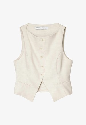 Mouwloos beige damesvestje met vijf knopen aan de voorkant, twee kleine voorzakken en een ronde hals, gemaakt van gestructureerde stof.