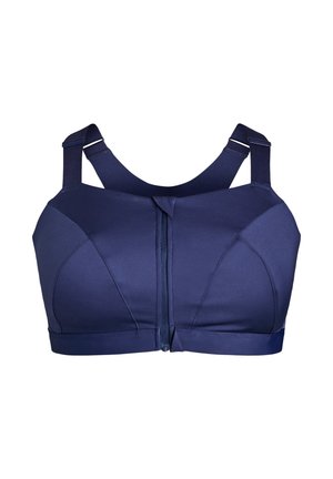 Dunkelblauer Sport-BH mit Reißverschluss vorne, breiten Trägern und glattem Stoff. Verfügt über konturierte Cups und einen elastischen Bund für Unterstützung und Komfort.