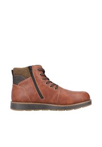 Bottine en cuir marron avec une finition texturée, détail de fermeture éclair noire et semelle en caoutchouc marron. Avec des œillets en métal et des accents marron contrastants.