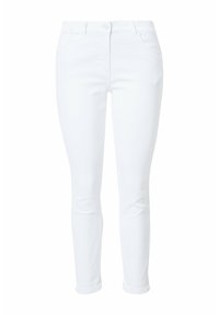Bílé úzké džíny vyrobené z denimu, s klasickým pěticípým designem, poutky na opasek a zapínáním na knoflík. Hladká textura bez vzorů.