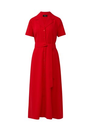 Rode midi-jurk met korte mouwen, een kraaglijn, knoopsluiting en een stoffen ceintuur op de taille. Gemaakt van gladde stof.