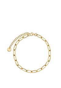Bracciale in tono oro con catene interconnesse allungate, un ciondolo rotondo con texture e una catena regolabile con chiusura a moschettone.