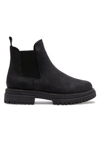 Bottines noires en matériau synthétique texturé ; avec des panneaux latéraux élastiques, une languette, et une semelle robuste avec des rainures.