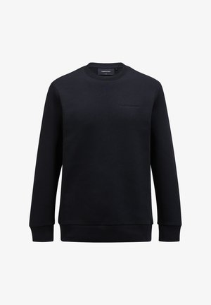 Schwarzer Pullover aus weichem Stoff, mit Rundhalsausschnitt, langen Ärmeln, gerippten Bündchen und einem dezenten Markenlogo auf der Brust.