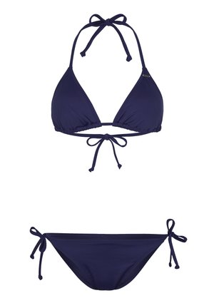 Marine bikini set met een driehoekige bralette met verstelbare bandjes en bijpassende taille-banden onderkant. Glad, rekbaar materiaal.