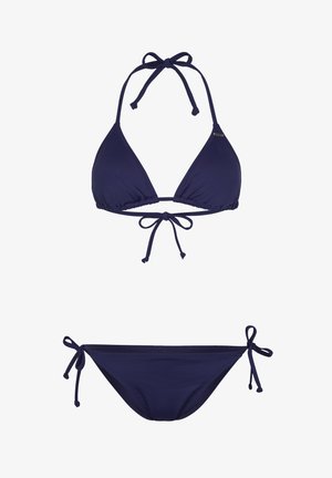 Navy Bikini-Set mit einem Triangel-Bralette mit verstellbaren Bindebändern und passenden Bindeseitenunterteilen. Glatte, dehnbare Stoffe.
