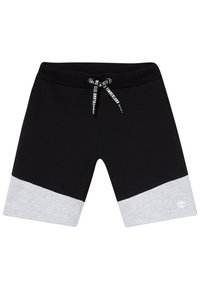 Mustat ja harmaat puuvillashortsit säädettävällä vyötäröllä, joissa on kontrastivärinen lohkonmuodostus ja pieni logo alemmassa lahkeessa.