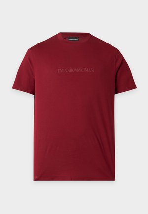 T-shirt bordeaux à manches courtes Emporio Armani avec col rond et logo brodé subtil sur la poitrine.