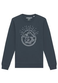 Donkerblauwe sweatshirt met een grafisch ontwerp van bergen, een boom en zonnestralen in het wit. Gemaakt van zachte stof met ribgebreide boorden en zoom.