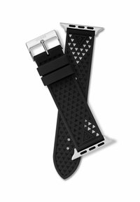 Bracelet de montre en caoutchouc noir avec un motif texturé de petits triangles, matériel en métal argenté et trous réglables pour un ajustement parfait.