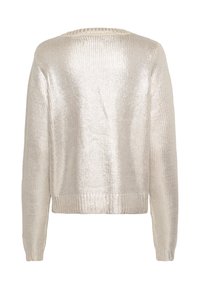 Pullover metallic silver in un tessuto a maglia testurizzata. Presenta maniche lunghe e un collo rotondo. Il bordo e i polsini a coste forniscono struttura.