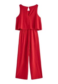 Rød ærmeløs jumpsuit med løs pasform, med en nøglehul bagpå, elastisk talje og bred ben-design. Fremstillet af blødt stof.