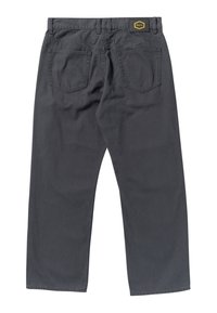 Gray cotton pants with a straight-leg design, featuring a waistband label, two back pockets, and subtle stitching details.