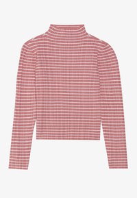 Dlouhý rukáv rolák v pruhovaném vzoru růžové a bílé barvy. Tkanina má žebrovanou texturu a kratší střih.