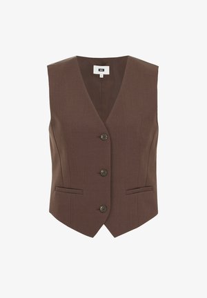 Gilet marrone a scollo a V con una superficie liscia, dotato di tre bottoni e tasche frontali, vestibilità aderente e design pulito.