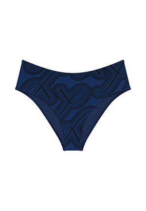 Marineblaue Bikiniunterteile mit einem strukturierten schwarzen abstrakten Muster, hoch tailliertem Design und weichem, dehnbarem Stoff für einen angenehmen Tragekomfort.