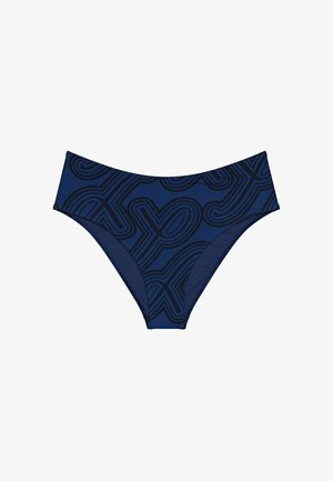 Navy blue bikini bottom featuring a textured black abstract pattern, high-waisted design, and soft, stretchy fabric for comfort.