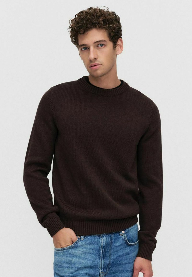 Donkerbruin gebreide trui met een ronde hals, geribde manchetten en zoom, gecombineerd met lichtblauwe jeans. Glad textuur en eenvoudig ontwerp.