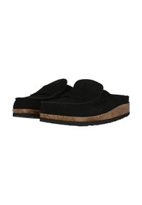 Schwarze Wildleder-Slipper mit einer niedrigen Kork-Plattformsohle, ausgestattet mit einer abgerundeten Zehe und gestickten Akzenten. Das Design ist als Schlupfschuh konzipiert und ermöglicht ein einfaches Anziehen.