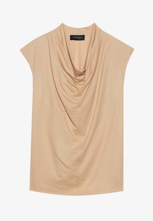 Beige drapierter Oberteil aus weichem Stoff, mit kurzen Ärmeln und einem Schalkragen. Glatte Textur mit subtilen Falten überall.