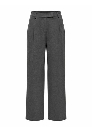 Grey wide-leg trousers made of textured fabric, featuring front pleats and a flat waistband with a belt loop. No visible pockets or embellishments.