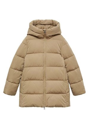 Beige pufferjack met capuchon, gewatteerd ontwerp, ritssluiting aan de voorkant en ruime pasvorm. Gemaakt van een gladde, lichte stof.