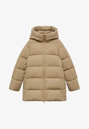 Bež zimska jakna s kapuco, prešita zasnova, sprednji zadrge in prostoren kroj. Narejena iz gladkega, lahkega materiala.